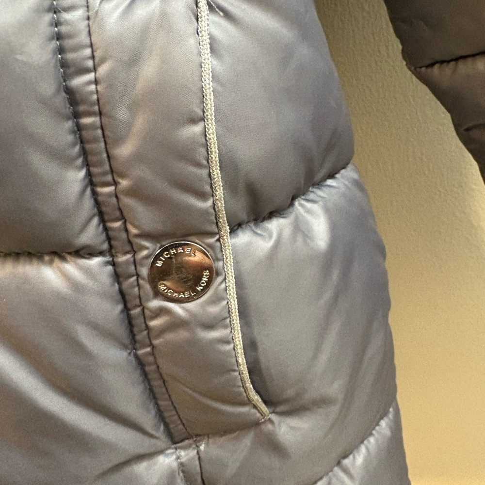 Michael Kors Kids Silver Puffer Jacket with Faux Fur Hood - Picture 7 of 14